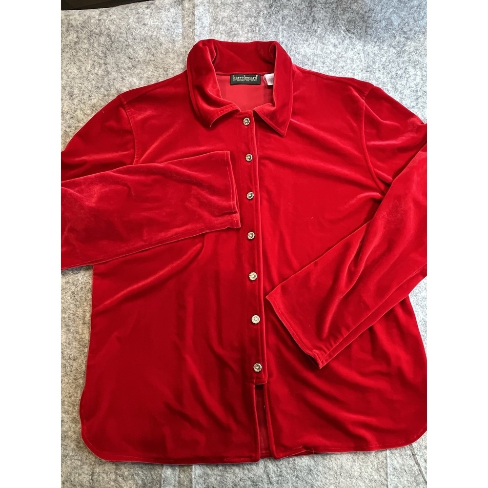 Harvé Benard Women's Red Velvet Collared Shirt Shacket Size Large Holtzman Vtg